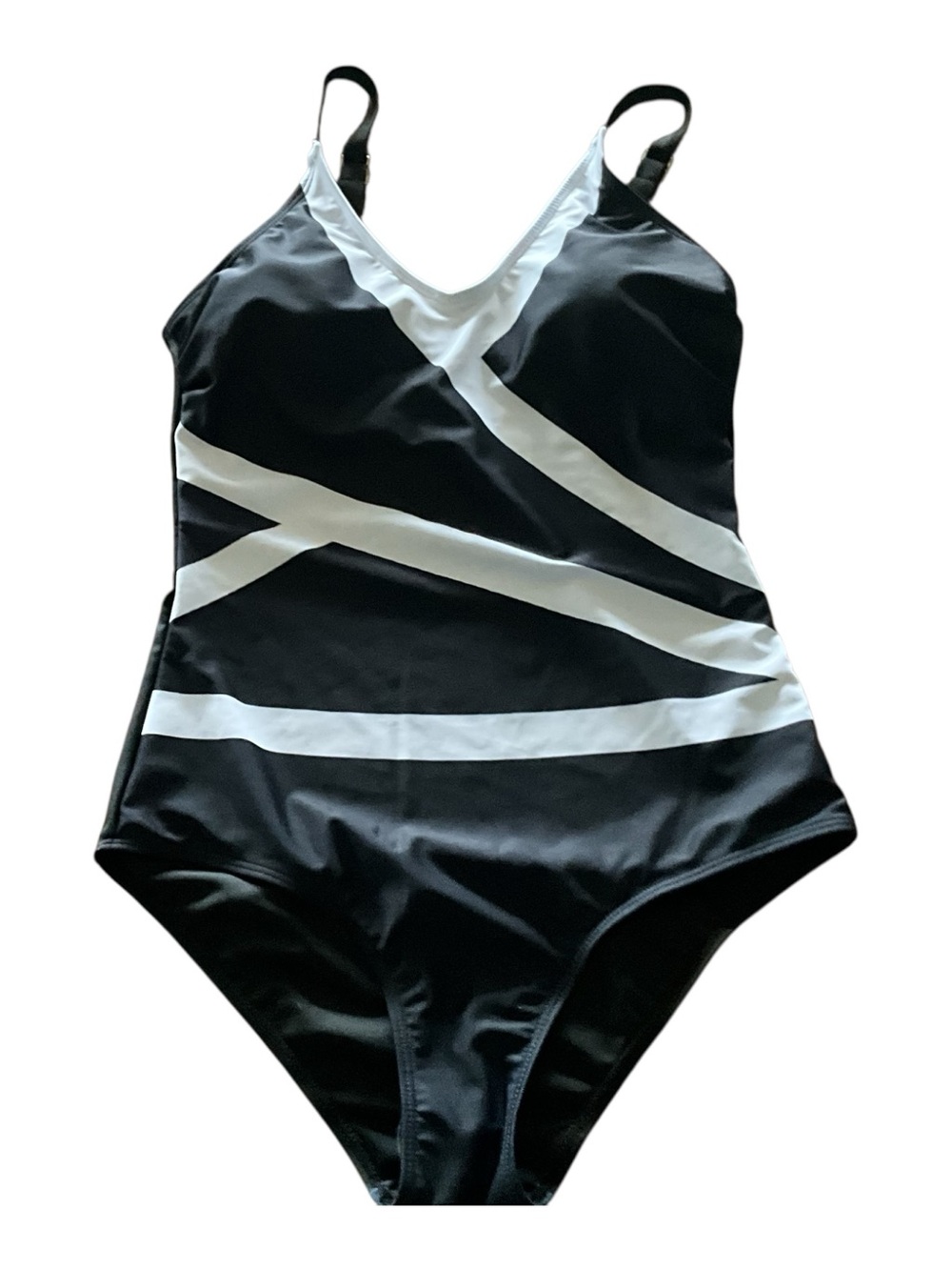 Women’s One Piece Swimsuit Black White Geometric Striped Adjustable Straps Med